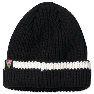 schwarze Rückseite der VfB Beanie 70s Kollektion mit weißem Streifen