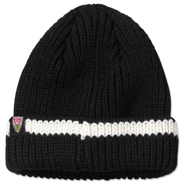 schwarze Rückseite der VfB Beanie 70s Kollektion mit weißem Streifen