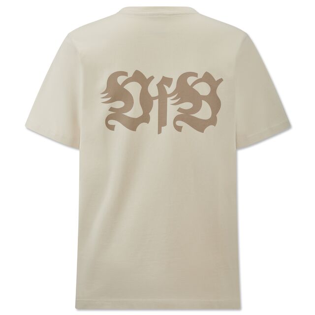 beigefarbene Rückseite des VfB T-Shirts Tradition mit großem, beigefarbenem VfB Schriftzug