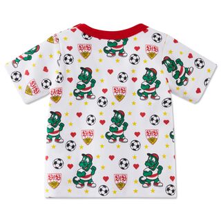 weiße Rückseite des T-Shirts mit rotem Kragen und vielen Fritzle-Motiven, Herzen, Fußbällen, Sternen und VfB Wappen
