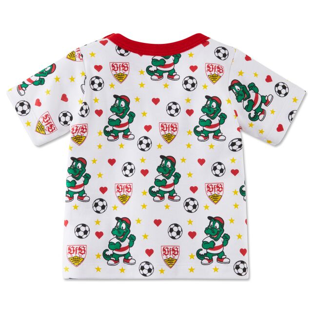 weiße Rückseite des T-Shirts mit rotem Kragen und vielen Fritzle-Motiven, Herzen, Fußbällen, Sternen und VfB Wappen