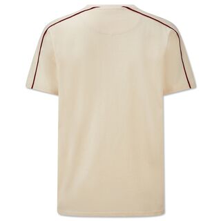 beigefarbenes T-Shirt mit roten Linien an den Schultern
