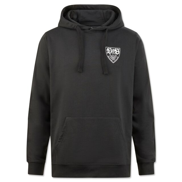 schwarzer Hoodie mit Kängurutaschen und weißem VfB Wappen auf der Vorderseite
