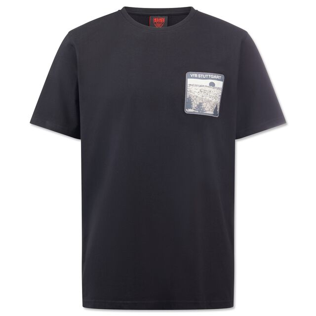 schwarzes T-Shirt mit Grafik von Stuttgart auf der Brust