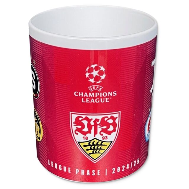Champions League Logo, VfB Wappen und die Aufschrift League Phase 2024/25 auf der VfB CL Begegnungstasse Liga