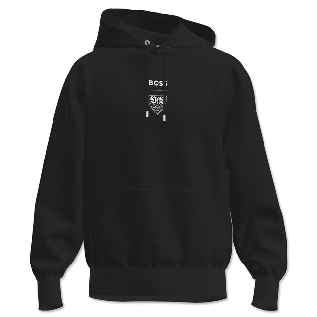 Hoodie in schwarz mit weißem VfB Wappen und Boss Logo in der Mitte 
