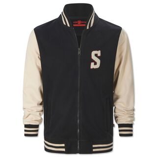 schwarze Jacke mit beigefarbenen Ärmeln, Reissverschluss und einem beigefarbenen S auf der Brust