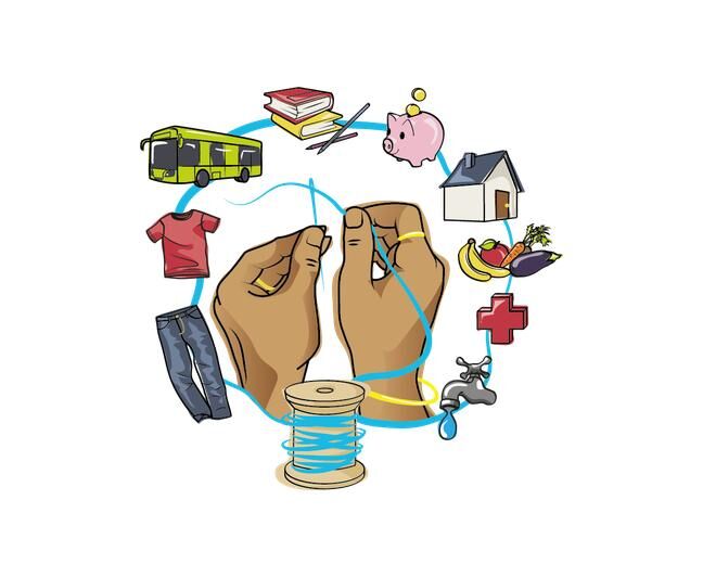Gezeichnete Hände mit Fadenrolle in der Mitte, der Faden verbindet Symbole für Bus, Kleidung, Bücher, Sparschwein, Haus, Lebensmittel, Gesundheit und Wasser.