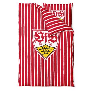 rote Bettwäsche mit weißen Streifen und VfB Wappen