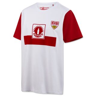 weißes T-Shirt mit roten Ärmeln, Brustring und Südmilch Logo 
