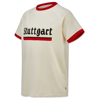 weißes T-Shirt mit Stuttgart Schriftzug und roten Rändern an Ärmeln und Kragen
