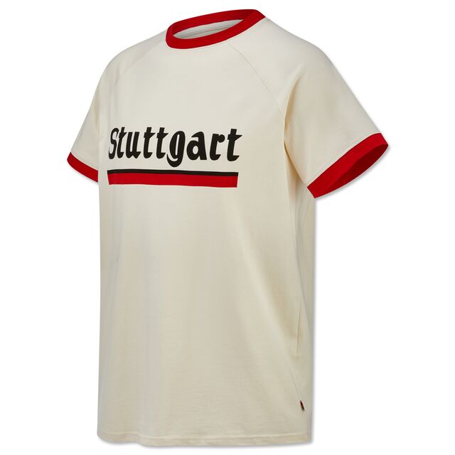 weißes T-Shirt mit Stuttgart Schriftzug und roten Rändern an Ärmeln und Kragen