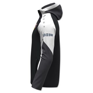 Seitenansicht der schwarz-weißen Kapuzenjacke 25/26 mit LBBW auf dem Ärmel