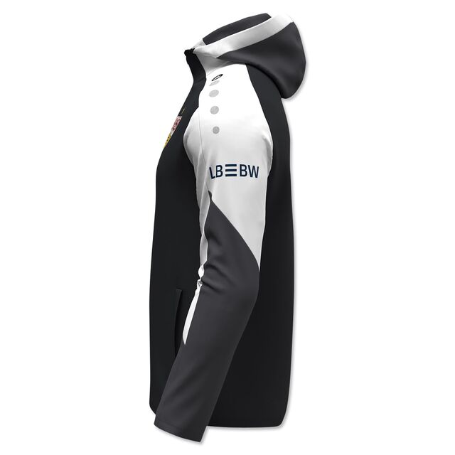 Seitenansicht der schwarz-weißen Kapuzenjacke 25/26 mit LBBW auf dem Ärmel
