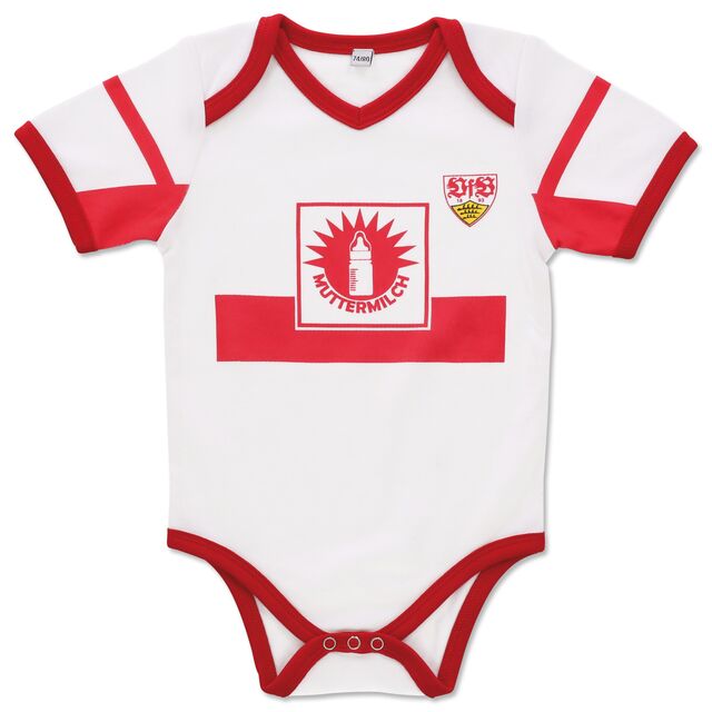 weißer Baby Body mit rotem Brustring, Südmilch Wappen mit Aufschrift Muttermilch und VfB Wappen