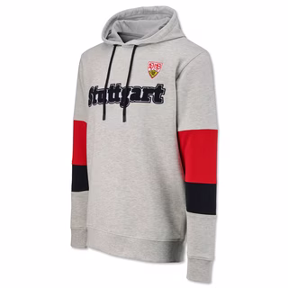 Grauer Hoodie mit roten und schwarzen Akzenten an den Ärmeln, Stuttgart Schriftzug und VfB Wappen auf der Brust 