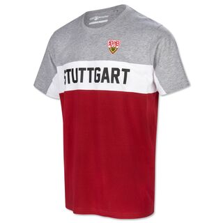 T-Shirt in Grau, Rot und Weiß mit schwarzer Stuttgart Aufschrift und VfB Wappen