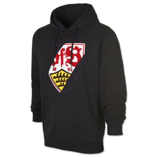 schwarzer Hoodie mit Kängurutaschen und mit großem VfB Wappen mit schwarzen und farbigen Bereichen