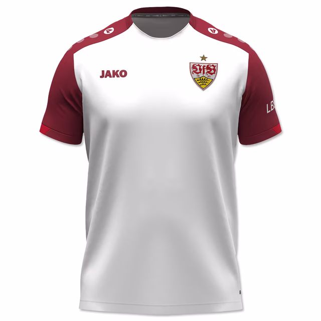 weiß-rotes Trainingsshirt mit VfB Wappen und JAKO Schriftzug