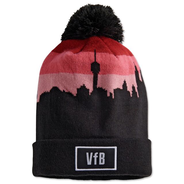 schwarze Bommelmütze mit rotem Farbverlauf mit der Skyline von Stuttgart und der Aufschrift VfB