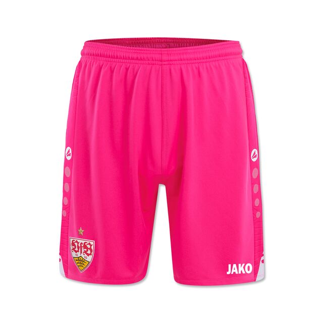 pinke Shorts mit VfB Wappen auf dem einen Bein und JAKO Schriftzug auf dem anderen Bein