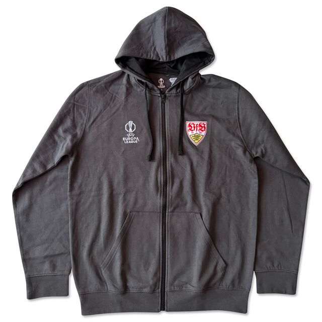 grauer Hoodie mit Reißverschluss, Seitentaschen, VfB Wappen und Europa League Wappen