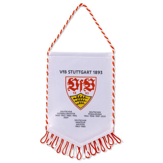 Wimpel mit Jahreszahlen der Meister- und Pokaltitel und VfB Wappen mit Schriftzug VfB Stuttgart 1893 