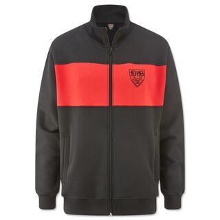 schwarze Jacke mit Reißverschluss mit rotem Brustring und VfB Wappen auf der Brust