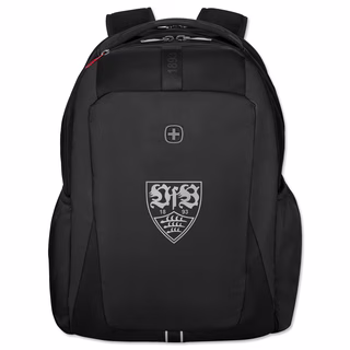 schwarzer Rucksack mit silbernem VfB Wappen auf der Vorderseite