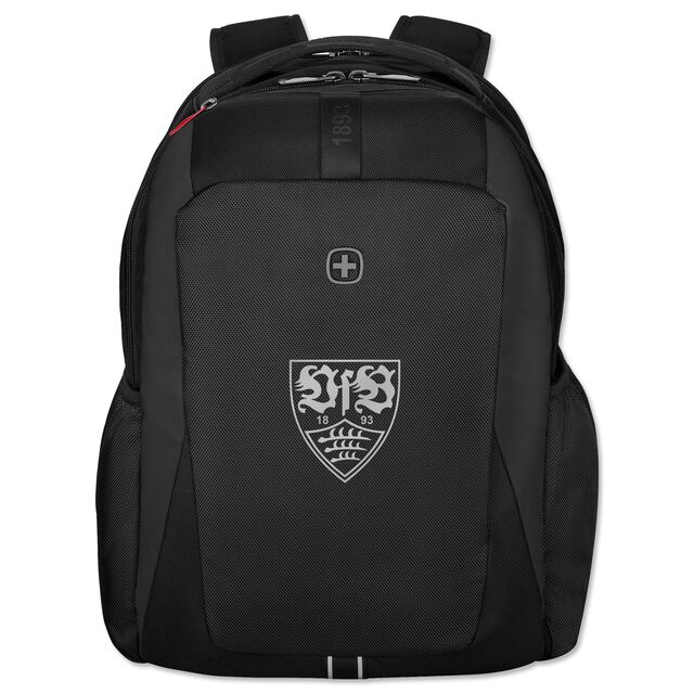 schwarzer Rucksack mit silbernem VfB Wappen auf der Vorderseite