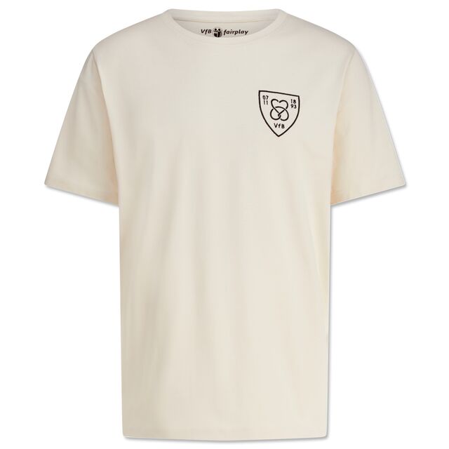 beigefarbenes T-Shirt mit alternativem VfB Wappen, das Zusammenhalt symbolisiert