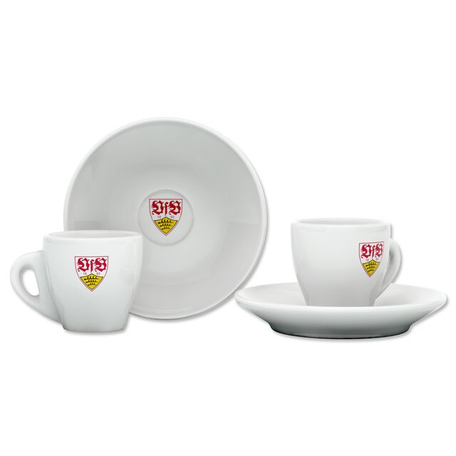 zwei Espressotassen mit VfB Wappen und Untersetzern