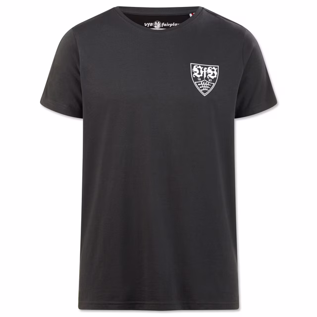 graues T-Shirt mit weißem VfB Wappen auf der Brust und Schriftzug VfB Stuttgart am Ärmel