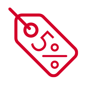 Rotes Symbol eines Preisschildes mit der Aufschrift 5 %. Dargestellt in klarer Linienform auf transparent kariertem Hintergrund.