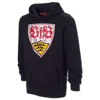 schwarzer Hoodie mit Kängurutaschen und großem VfB Wappen im Used Look