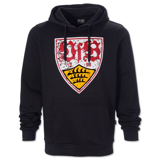schwarzer Hoodie mit Kängurutaschen und großem VfB Wappen im Used Look