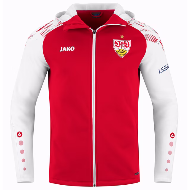 rote Kapuzenjacke mit weißen Ärmeln und Kapuze sowie JAKO Logo und VfB Wappen auf der Brust
