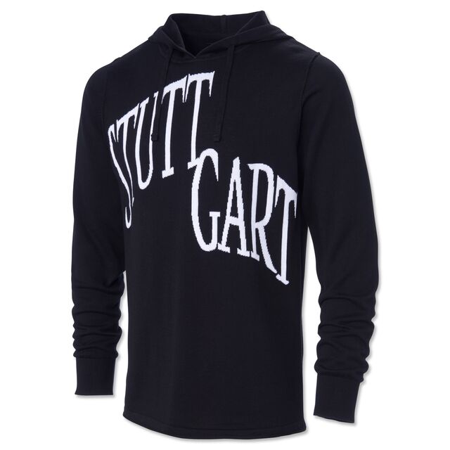schwarzer Strickhoodie mit großer weißer Aufschrift Stuttgart auf der Vorderseite