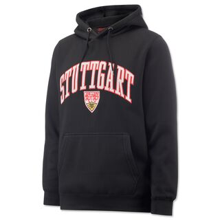 schwarzer Hoodie mit Kängurutaschen mit VfB Wappen und Aufschrift Stuttgart im College Look