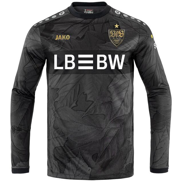 schwarzes langärmeliges Trikot mit Blättermuster, LBBW als Sponsor im Brustring, sowie goldenem VfB Wappen und goldenem JAKO Schriftzug