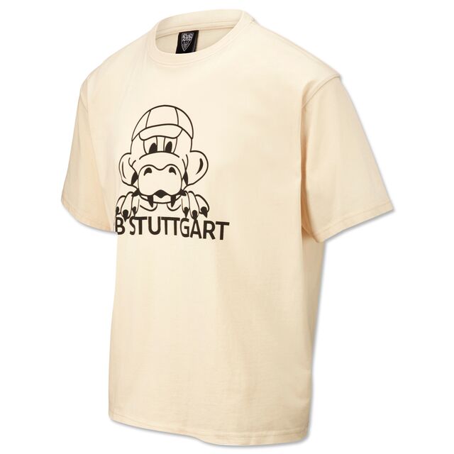 Beiges T-Shirt mit schwarzem Fritzle Print und Schriftzug VfB Stuttgart in der Mitte 