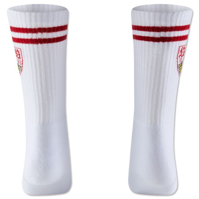 Rückseite der weißen Socken mit rotem Doppelstreifen und VfB Wappen