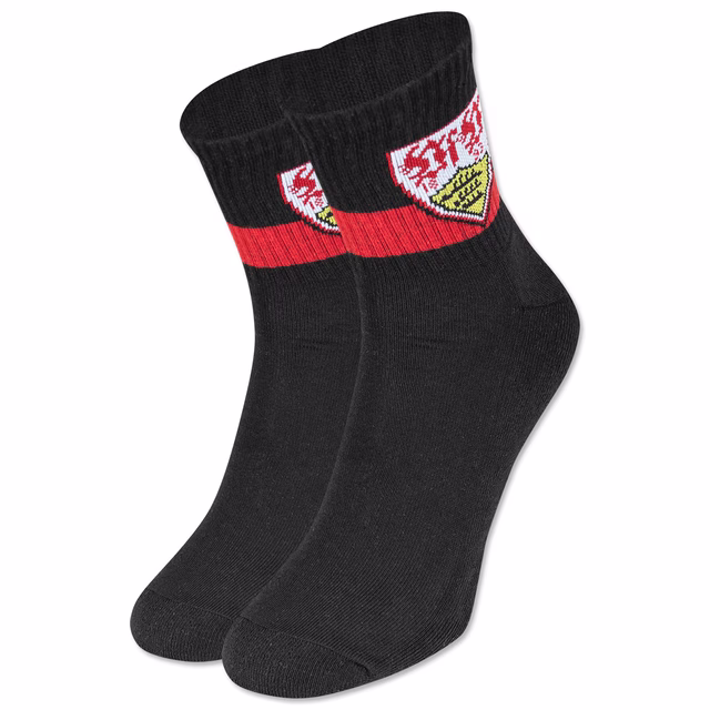 schwarze Socken mit rotem Brustring und VfB Wappen 