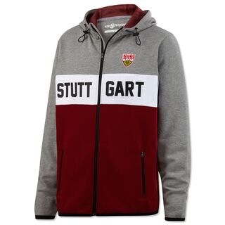 Kapuzensweatjacke in Grau, Weiß und Rot mit der Aufschrift Stuttgart und dem VfB Wappen auf der Brust
