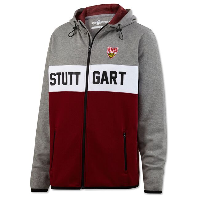Kapuzensweatjacke in Grau, Weiß und Rot mit der Aufschrift Stuttgart und dem VfB Wappen auf der Brust