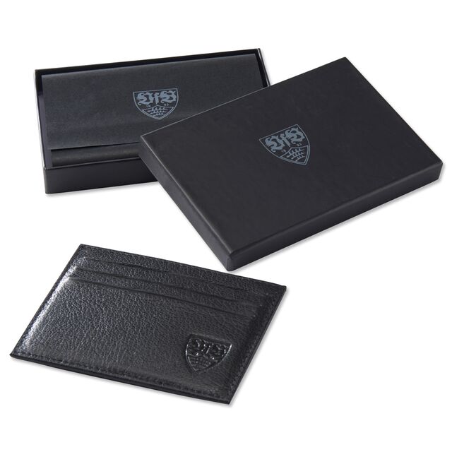 schwarzes Kartenetui aus Leder mit VfB Wappen mit schwarzer Verpackung