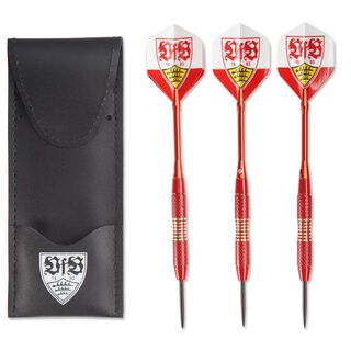 drei weiß-rote Dartpfeile mit VfB Wappen und eine Ledertasche