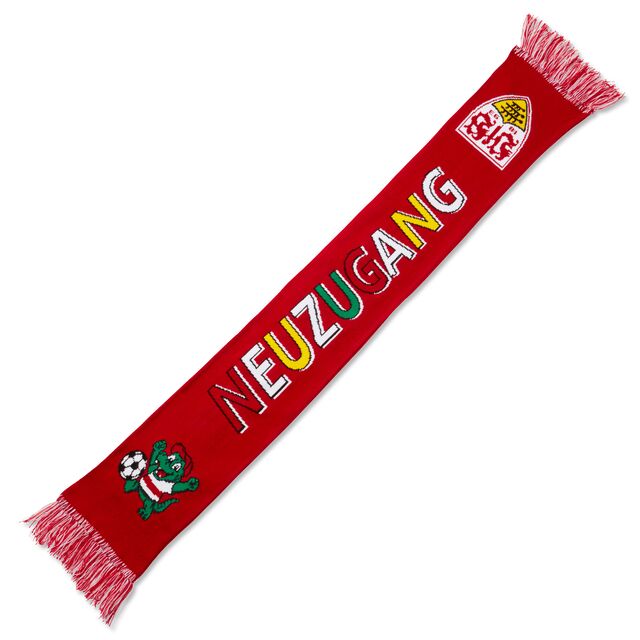 roter Schal mit VfB Wappen und Fritzle an den Enden und der bunten Aufschrift Neuzugang in der Mitte