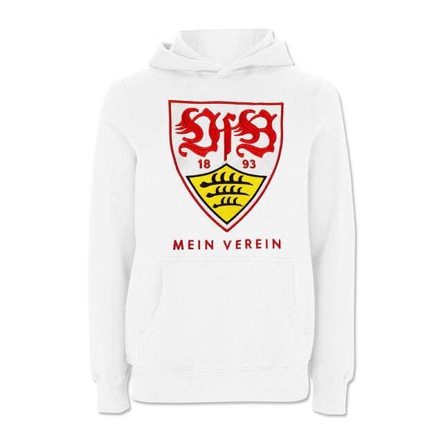 weißer Hoodie mit Kängurutaschen, VfB Wappen und der Aufschrift Mein Verein auf der Vorderseite
