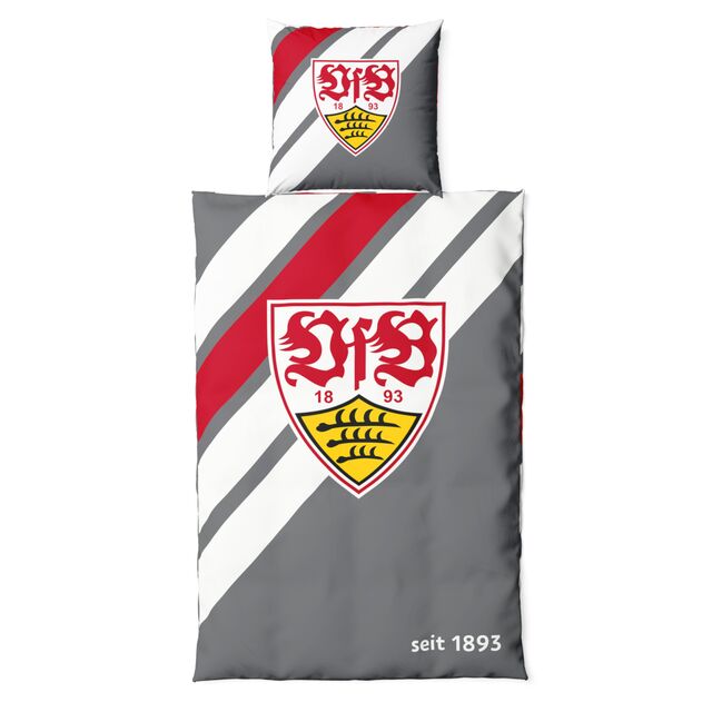 graue Bettwäsche mit weißen und roten Streifen und großem VfB Wappen